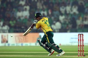 South Africa Batter Quinton de Kock plays during the second T20 international cricket match between Pakistan and South Africa at the Gaddafi Stadium.