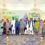Prime Minister Muhammad Shehbaz Sharif in a group photo with polio workers of the Pakistan Polio Eradication Programme who were given awards at the World Polio Day Ceremony