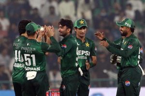 South Africa Batter Quinton de Kock plays during the second T20 international cricket match between Pakistan and South Africa at the Gaddafi Stadium.