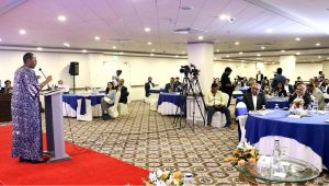 Managing Director of the United Nations Better Than Cash Alliance, Nshuti Mbabazi, addresses the launch ceremony of the report “Merchant Payments on Raast: Responsible Pricing for Impact and Inclusion” at a local hotel.
