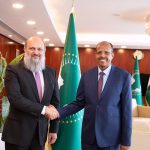 Federal Minister for Commerce Jam Kamal Khan shakes hands with Chairperson of the African Union Commission, Mahmoud Ali Youssouf, during their meeting on the sidelines of the “Made in Pakistan” Single Country Exhibition in Addis Ababa