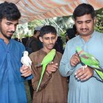 Students are viewing parrots on stall during Zarai Mela at University of Agriculture Faisalabad (UAF)