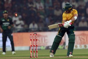South Africa Batter Quinton de Kock plays during the second T20 international cricket match between Pakistan and South Africa at the Gaddafi Stadium.