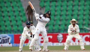 South African batsman Ryan Rickelton hits the ball for high score during the second day of the first Test match between Pakistan and South Africa at the Gaddafi Stadium