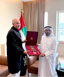 Ambassador Faisal Niaz Tirmizi receives the First-Class Order of Zayed II from Khalifa Shaheen Al Marar, Minister of State at the UAE Ministry of Foreign Affairs, in recognition of his outstanding contributions to strengthening Pakistan-UAE relations