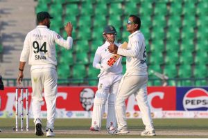 South African batsman Ryan Rickelton hits the ball for high score during the second day of the first Test match between Pakistan and South Africa at the Gaddafi Stadium