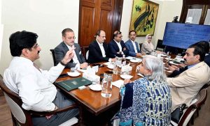 Sindh Chief Minister Syed Murad Ali Shah presides over a meeting at CM House to review progress on the under-construction Medical Complex along the National Highway at Razakabad.