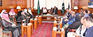 Speaker National Assembly Sardar Ayaz Sadiq in a meeting with Saudi Parliamentary Delegation led by Chairman of Shura Council of the Kingdom of Saudi Arabia Dr. Abdullah bin Mohammed bin Ibrahim Al-Sheikh at Parliament House.