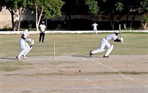 Players in action during the final cricket match between Government Municipal High School and Global Public School teams under the PCB Talent Hunt Program Inter-School Cricket Tournament Larkana Region 2025 at PCB Ground, Shaikh Zaid Colony