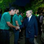 Prime Minister Muhammad Shehbaz Sharif interacts with the management and players of Pakistan Cricket team