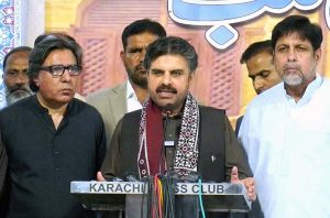 Sindh Minister for Local Bodies and Town Planning Syed Nasir Hussain Shah talking to media persons during his visit to Karachi Press Club.