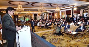 Sindh Chief Minister Syed Murad Ali Shah speaks at the closing session of the 9th Annual Microfinance Conference 2025, organized by Pakistan Microfinance Network, at a local hotel.