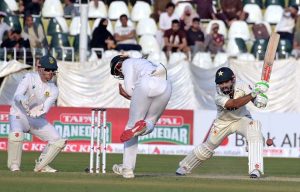 Pakistani batter Muhammad Rizwan looks on after playing a shot during the first day of the second Test match between Pakistan and South Africa at the Rawalpindi Cricket Stadium.