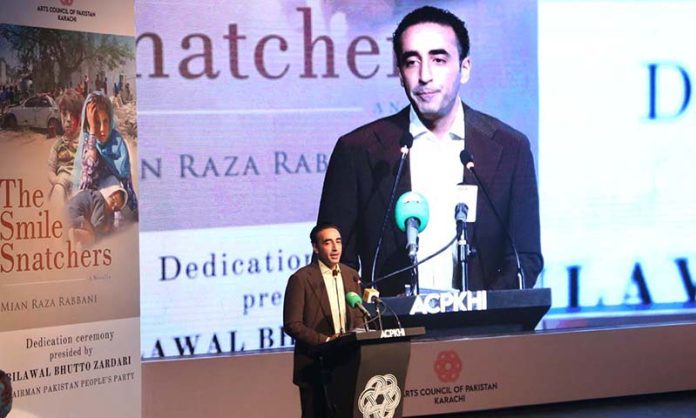 Chairman of Pakistan People’s Party (PPP) Bilawal Bhutto Zardari addressing the Dedication Ceremony of Book titled 'The Smile Snatchers' by PPP leader Main Raza Rabbani at Arts Council of Pakistan