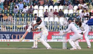 Pakistani batter Muhammad Rizwan looks on after playing a shot during the first day of the second Test match between Pakistan and South Africa at the Rawalpindi Cricket Stadium.