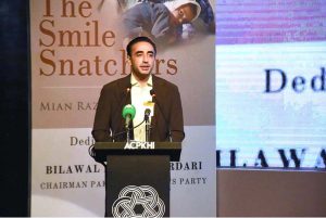 Chairman of Pakistan People’s Party (PPP) Bilawal Bhutto Zardari addressing the Dedication Ceremony of Book titled 'The Smile Snatchers' by PPP leader Main Raza Rabbani at Arts Council of Pakistan