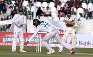 Pakistani batter Muhammad Rizwan looks on after playing a shot during the first day of the second Test match between Pakistan and South Africa at the Rawalpindi Cricket Stadium.