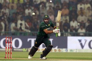 Pakistani batter Sahibzada Farhan playing a shot during the second T20 international cricket match between Pakistan and South Africa at the Gaddafi Stadium.