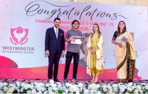 Parliamentary Secretary for Information & Broadcasting, Barrister Danyal Chaudhry, along with Misbah Khar, Advisor to the Chairman Senate and Ambassador of the Inter-Parliamentary Speakers' Conference (ISC), and Principal Shagun Irfan of Westminster School, distribute certificates and shields among the highest achievers at the "Investiture and High Achievers Ceremony" at Westminster International School