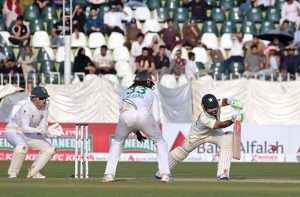 Pakistani batter Muhammad Rizwan looks on after playing a shot during the first day of the second Test match between Pakistan and South Africa at the Rawalpindi Cricket Stadium.