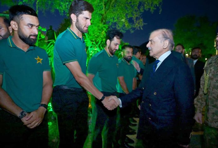 Prime Minister Muhammad Shehbaz Sharif interacts with the management and players of Pakistan Cricket team