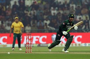 Pakistani batter Sahibzada Farhan playing a shot during the second T20 international cricket match between Pakistan and South Africa at the Gaddafi Stadium.