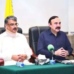 Prime Minister of Azad Jammu and Kashmir, Chaudhary Anwar ul Haq and Federal Minister for Parliamentary Affairs, Dr. Tariq Fazal Chaudhary holding a presser. APP/TZD