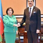 Chairman Senate, Syed Yousaf Raza Gilani shaking hands with Ms. Sahiba Gafarova, Speaker of the Mili Majlis of the Republic of Azerbaijan