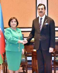 Chairman Senate, Syed Yousaf Raza Gilani shaking hands with Ms. Sahiba Gafarova, Speaker of the Mili Majlis of the Republic of Azerbaijan