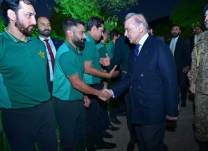 Prime Minister Muhammad Shehbaz Sharif interacts with the management and players of Pakistan Cricket team