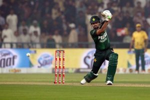Pakistani batter Sahibzada Farhan playing a shot during the second T20 international cricket match between Pakistan and South Africa at the Gaddafi Stadium.