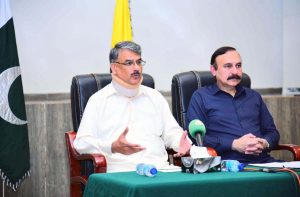 Prime Minister of Azad Jammu and Kashmir, Chaudhary Anwar ul Haq and Federal Minister for Parliamentary Affairs, Dr. Tariq Fazal Chaudhary holding a presser. APP/TZD