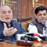 Former Governor Khyber Pakhtunkhwa Masood Kausar addressing a press conference at Press Club