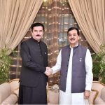 Acting President Syed Yousuf Raza Gilani being received at the Governor House by Governor Khyber Pakhtunkhwa Faisal Karim Kundi.