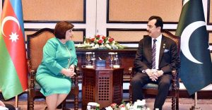 Chairman Senate, Syed Yousaf Raza Gilani in a meeting with Ms. Sahiba Gafarova, Speaker of the Mili Majlis of the Republic of Azerbaijan