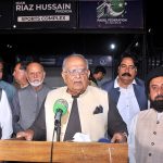 Federal Minister for Housing and Works, Riaz Hussain Pirzada talking to the media after inaugurating the Riaz Hussain Pirzada Sports Complex at the Royal Institute of Medical Sciences