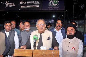 Federal Minister for Housing and Works, Riaz Hussain Pirzada talking to the media after inaugurating the Riaz Hussain Pirzada Sports Complex at the Royal Institute of Medical Sciences