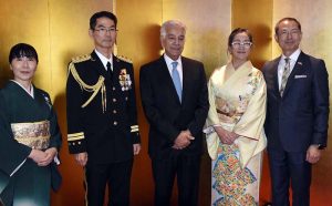 Khawaja Muhammad Asif, Federal Minister for Defense, H.E. Akamatsu Shuichi, Ambassador of Japan to Pakistan and Defense Attaché, Colonel ABE Kazuo cutting a cake to mark the 71st anniversary of Japan Self-Defense Forces (JSDF) Day.