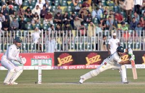 Pakistani batsman Babar Azam plays a shot during third day of the second Test match between Pakistan and South Africa at Rawalpindi Cricket Stadium