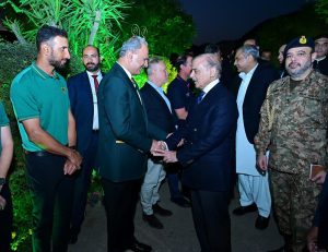 Prime Minister Muhammad Shehbaz Sharif interacts with the management and players of Pakistan Cricket team