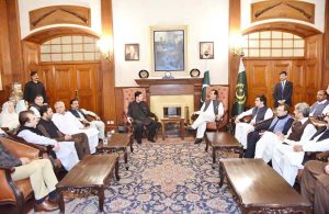 Acting President Syed Yousuf Raza Gilani being received at the Governor House by Governor Khyber Pakhtunkhwa Faisal Karim Kundi, Provincial President PPP Mohammad Ali Bacha, MPA Ahmad Karim Kundi, minority MPAs and senior provincial officials.