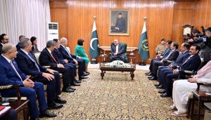 President Asif Ali Zardari with Dr. Numan Kurtulmuş, Speaker of the Grand National Assembly of Türkiye, and Mrs. Sahiba Gafarova, Chairperson of the Milli Majlis of Azerbaijan, during their call at Aiwan-e-Sadr