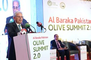 Federal Minister for Industries and Production, Rana Tanveer Hussain addresses to the Al-Baraka Pakistan Olive Summit in a local hotel.