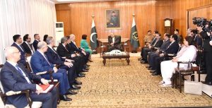 President Asif Ali Zardari with Dr. Numan Kurtulmuş, Speaker of the Grand National Assembly of Türkiye, and Mrs. Sahiba Gafarova, Chairperson of the Milli Majlis of Azerbaijan, during their call at Aiwan-e-Sadr