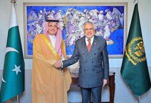 Deputy Prime Minister and Foreign Minister Senator Mohammad Ishaq Dar received His Highness Prince Mansour bin Mohammad Al Saud, Chairman of the Saudi-Pakistan Joint Business Council (JBC), who is leading a high-level Saudi business delegation visiting Pakistan, at MoFA.
