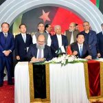 Federal Minister for Commerce Jam Kamal Khan and Vietnam’s Minister of Industry and Trade, Nguyễn Hồng Diên sign the Joint Statement on the official launch of Pakistan–Vietnam Preferential Trade Agreement (PTA) negotiations, while Federal Ministers Khalid Hussain Magsi, Abdul Aleem Khan, Junaid Anwar Chaudhry, Rana Tanveer Hussain, and Parliamentary Secretary for Culture and Tourism Nawabzada Mir Zarain Khan Magsi witness the signing