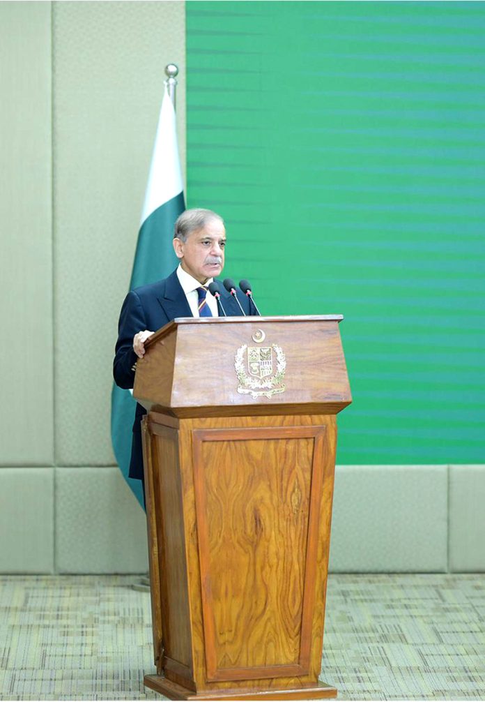 Prime Minister Muhammad Shehbaz Sharif addressing the signing ceremony of the privatization of First Women Bank