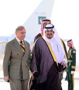 Deputy Governor of Riyadh Prince Mohammed bin Abdulrahman bin Abdulaziz receiving Prime Minister Muhammad Shehbaz Sharif upon his arrival at King Khalid International Airport to attend the 9th Edition of Future Investment Initiative being held in Riyadh.
