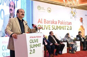 Chairman Prime Minister’s Youth Programme Rana Mashood Ahmed Khan addresses to the Al-Baraka Pakistan Olive Summit at a local hotel.