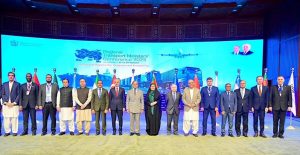 Prime Minister Muhammad Shehbaz Sharif in a group photo with world leaders at the Regional Transport Ministers' Conference